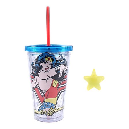 SILVER BUFFALO 16 oz Wonder Woman Plastic Cold Cup with Star Shaped Ice Cubes SI570309